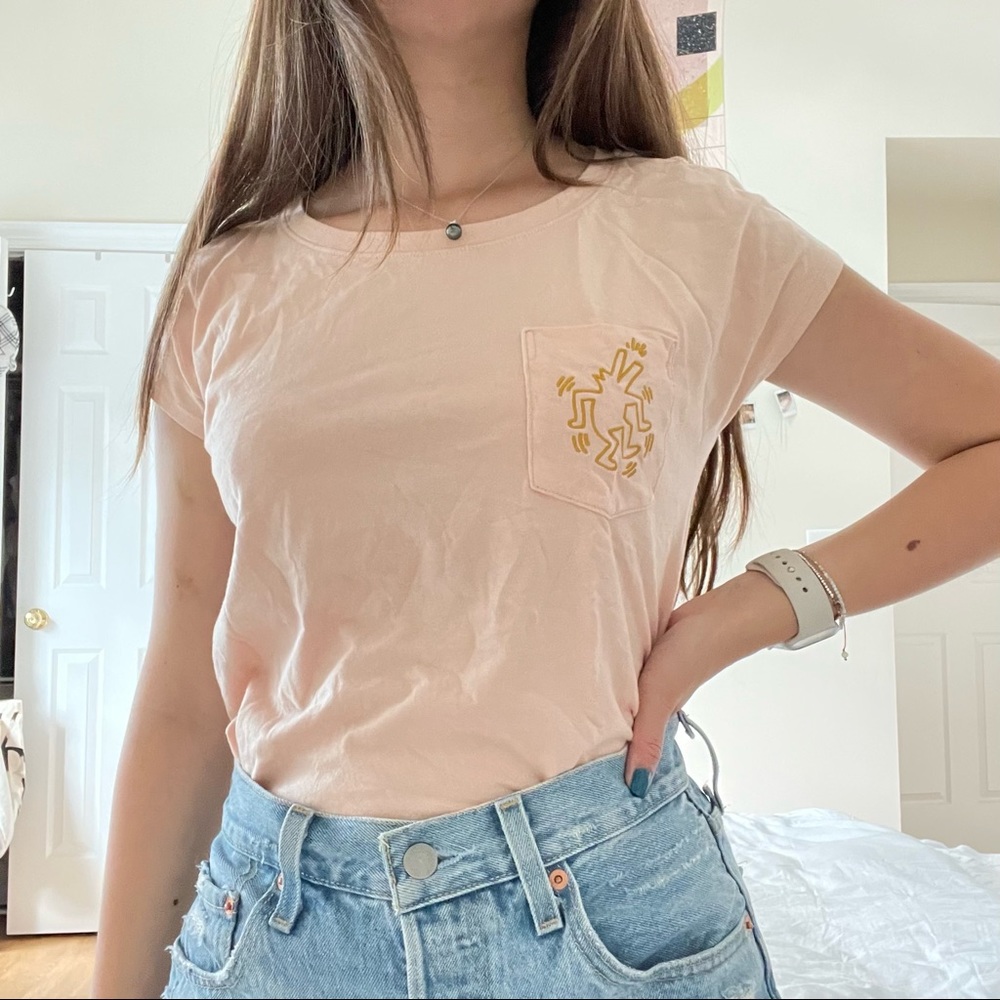 Uniqlo Artist Graphic T-Shirt | Keith Haring | Pink w/ Gold Embroidery | Size XS